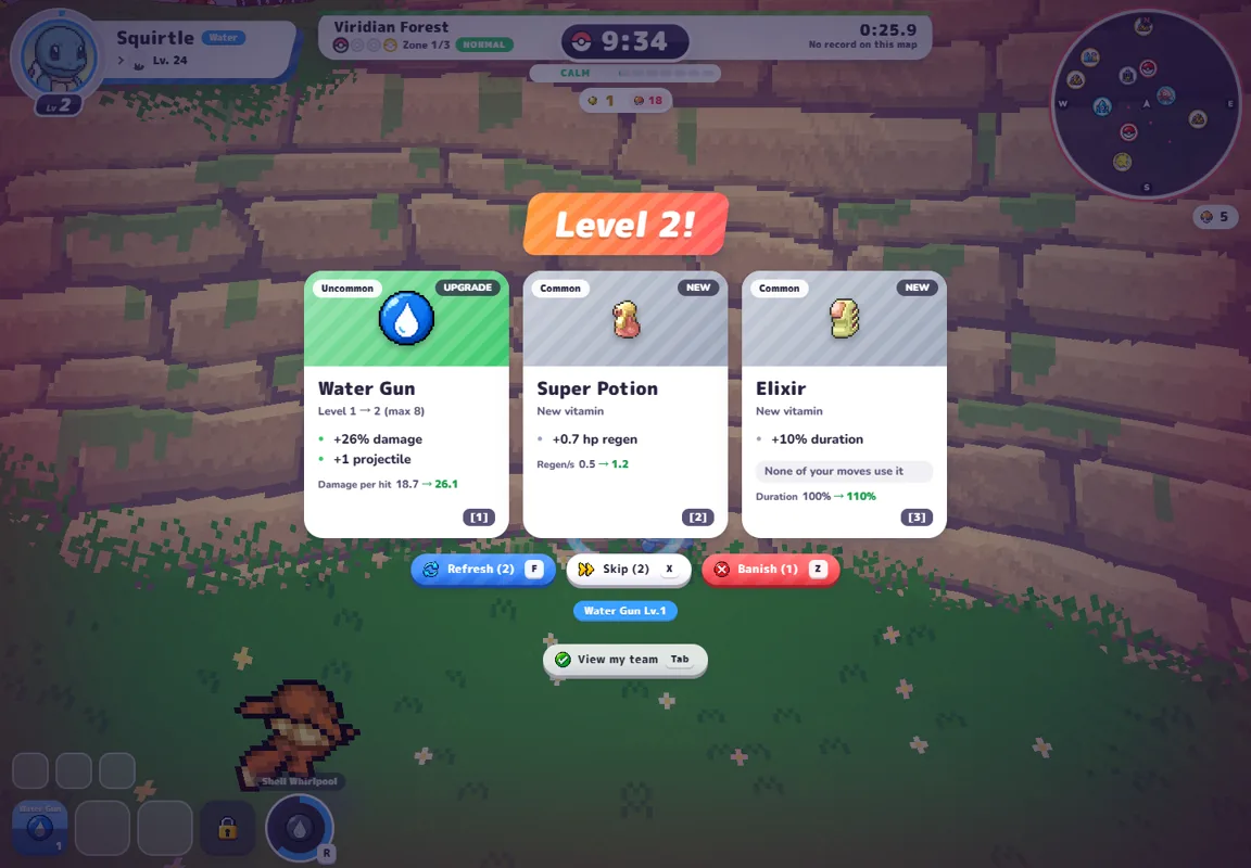 Squirtle's Level 2 choices in Viridian Forest: Water Gun upgrade, Super Potion and Elixir