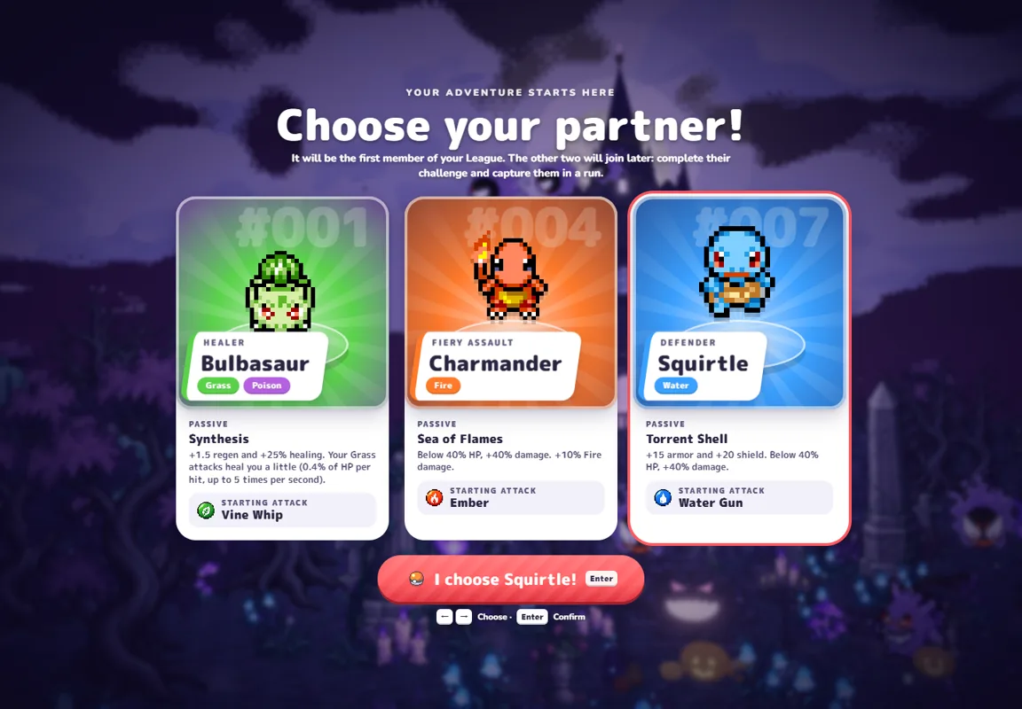 PokéBonk partner selection showing Bulbasaur, Charmander and Squirtle, with Squirtle selected